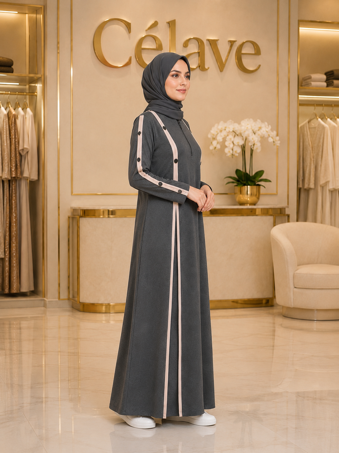 عباية أنيقةمع خطوط بيج متباينة، فستان ماكسي إسلامي بأكمام طويلة وتفاصيل أزرار متعددة الطبقات