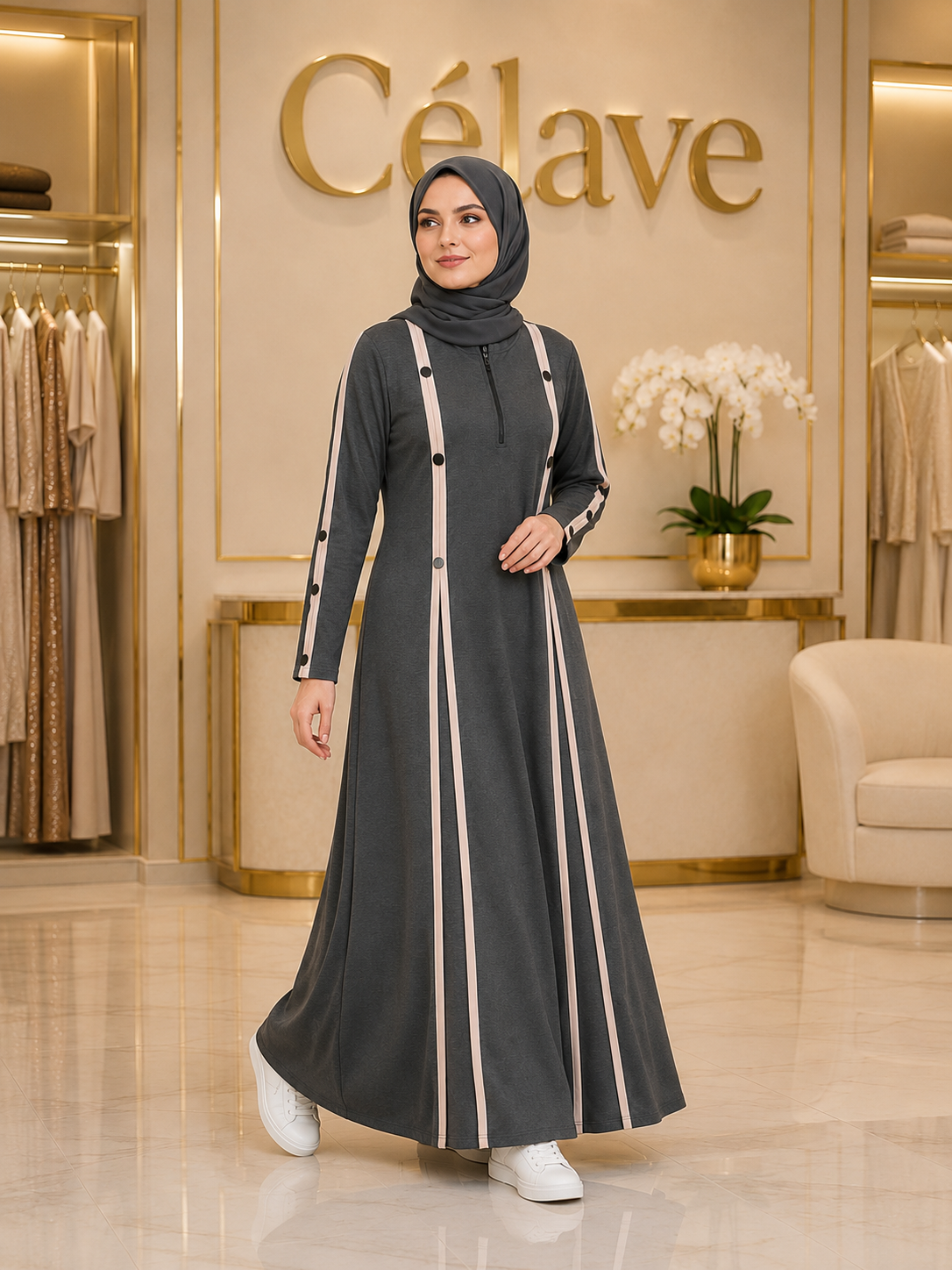 عباية أنيقةمع خطوط بيج متباينة، فستان ماكسي إسلامي بأكمام طويلة وتفاصيل أزرار متعددة الطبقات