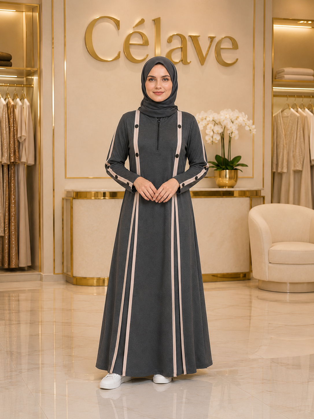 عباية أنيقةمع خطوط بيج متباينة، فستان ماكسي إسلامي بأكمام طويلة وتفاصيل أزرار متعددة الطبقات