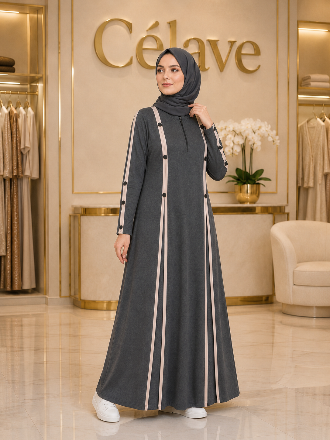 عباية أنيقةمع خطوط بيج متباينة، فستان ماكسي إسلامي بأكمام طويلة وتفاصيل أزرار متعددة الطبقات
