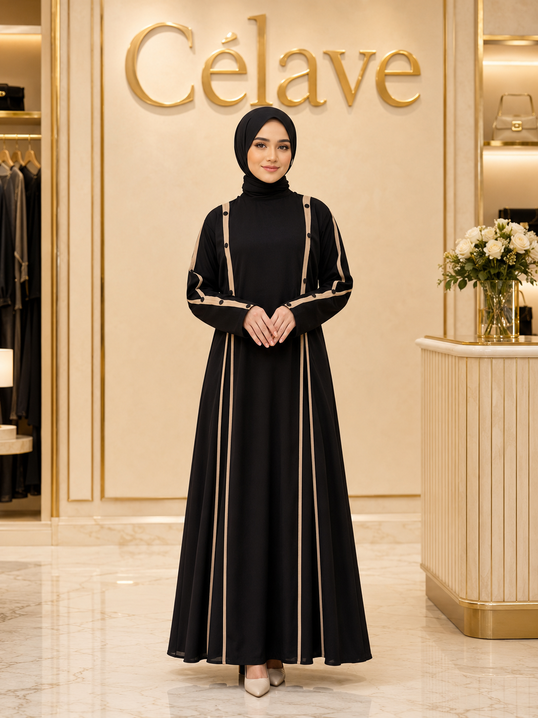 عباية أنيقةمع خطوط بيج متباينة، فستان ماكسي إسلامي بأكمام طويلة وتفاصيل أزرار متعددة الطبقات