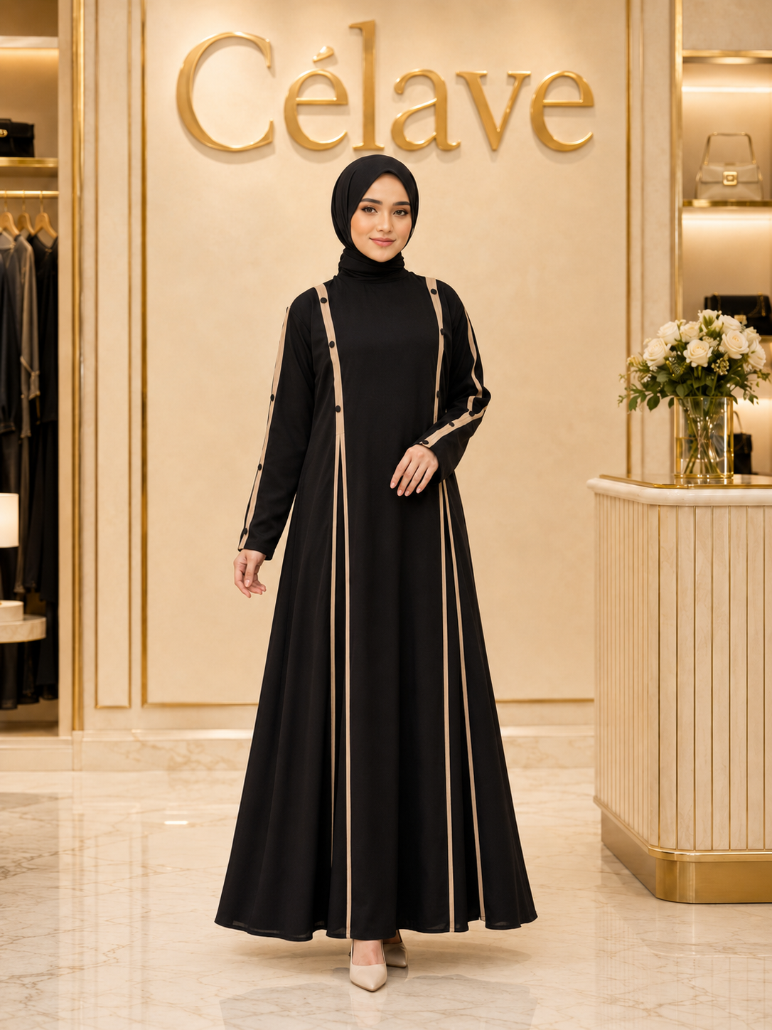 عباية أنيقةمع خطوط بيج متباينة، فستان ماكسي إسلامي بأكمام طويلة وتفاصيل أزرار متعددة الطبقات