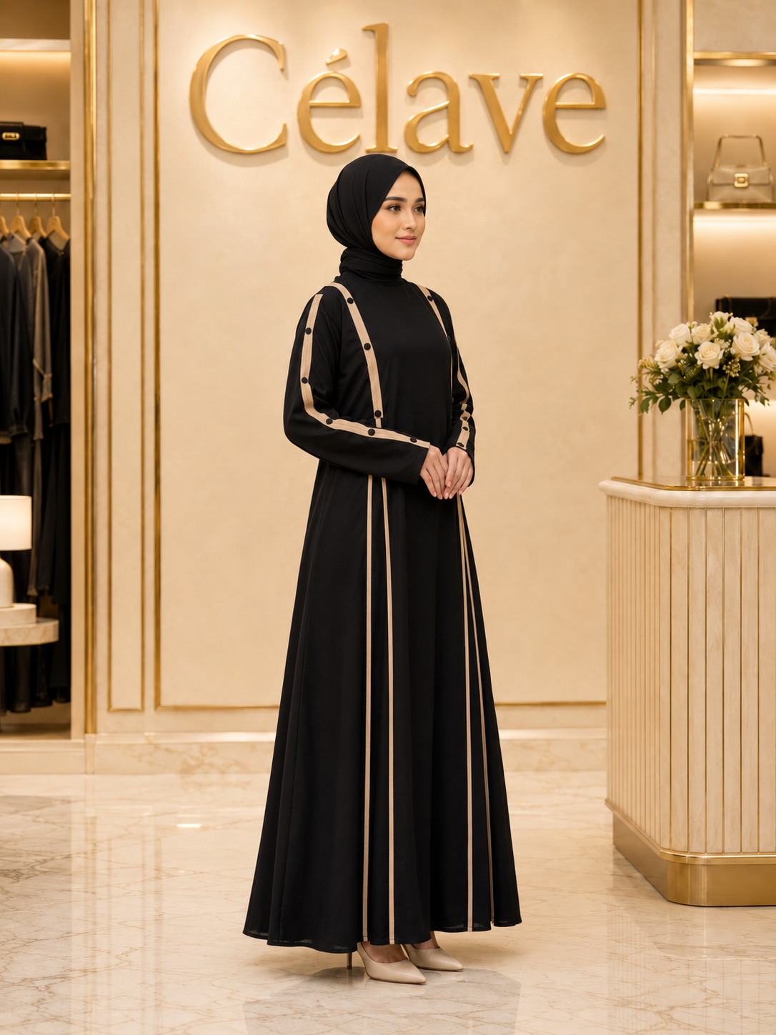 عباية أنيقةمع خطوط بيج متباينة، فستان ماكسي إسلامي بأكمام طويلة وتفاصيل أزرار متعددة الطبقات