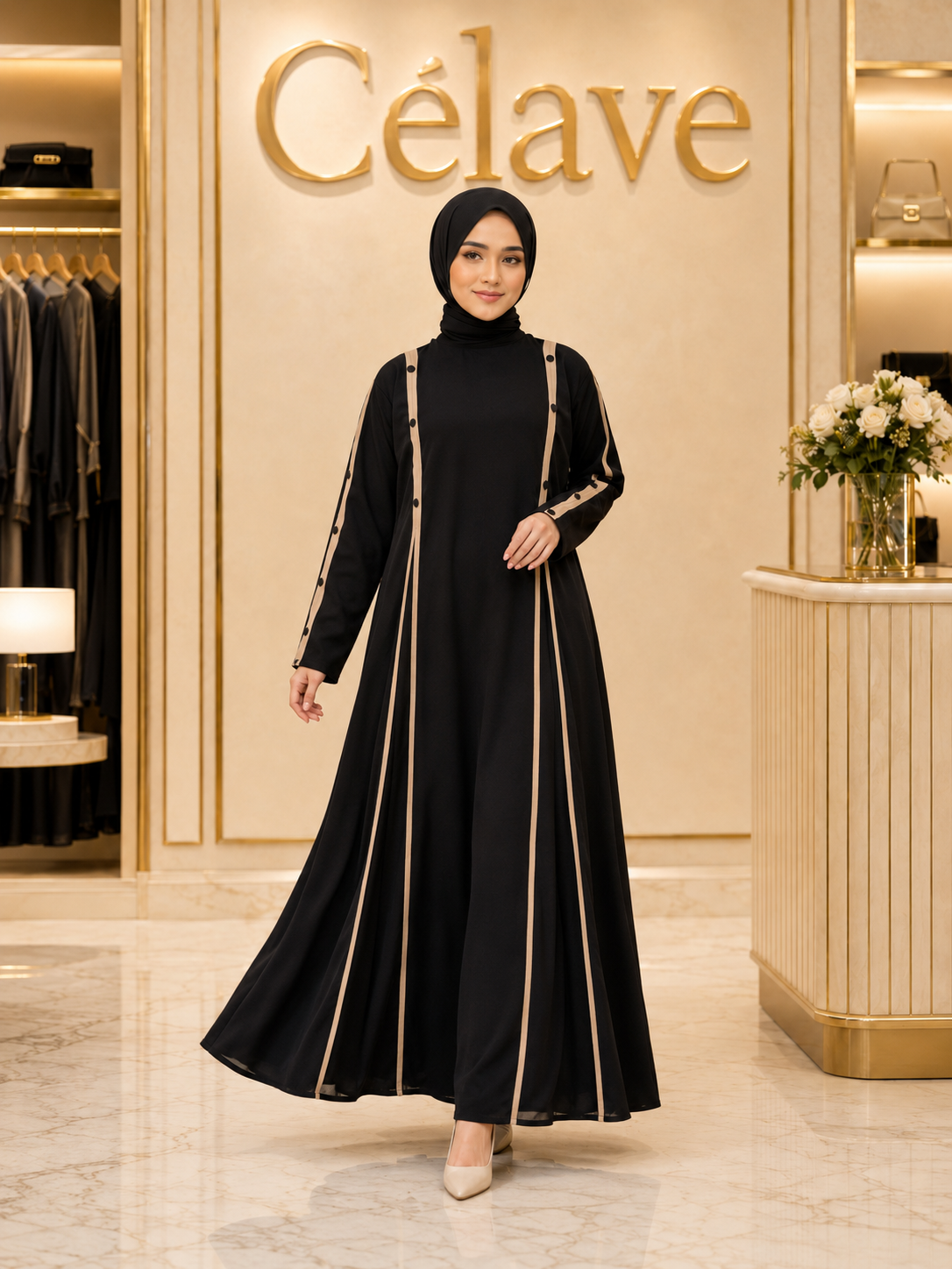 عباية أنيقةمع خطوط بيج متباينة، فستان ماكسي إسلامي بأكمام طويلة وتفاصيل أزرار متعددة الطبقات