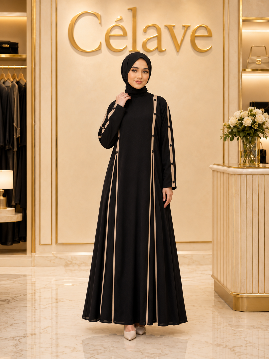 عباية أنيقةمع خطوط بيج متباينة، فستان ماكسي إسلامي بأكمام طويلة وتفاصيل أزرار متعددة الطبقات