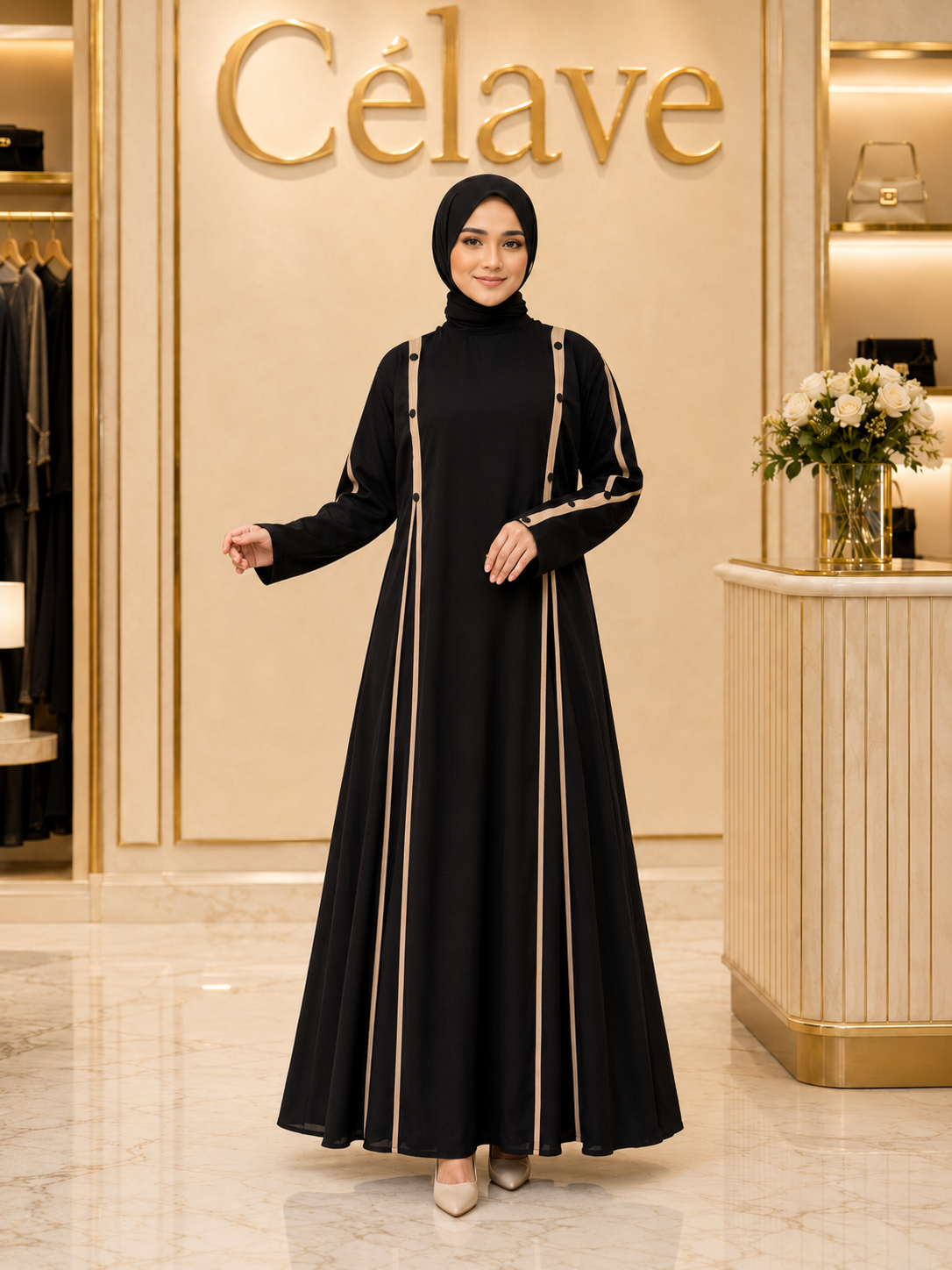 عباية أنيقةمع خطوط بيج متباينة، فستان ماكسي إسلامي بأكمام طويلة وتفاصيل أزرار متعددة الطبقات