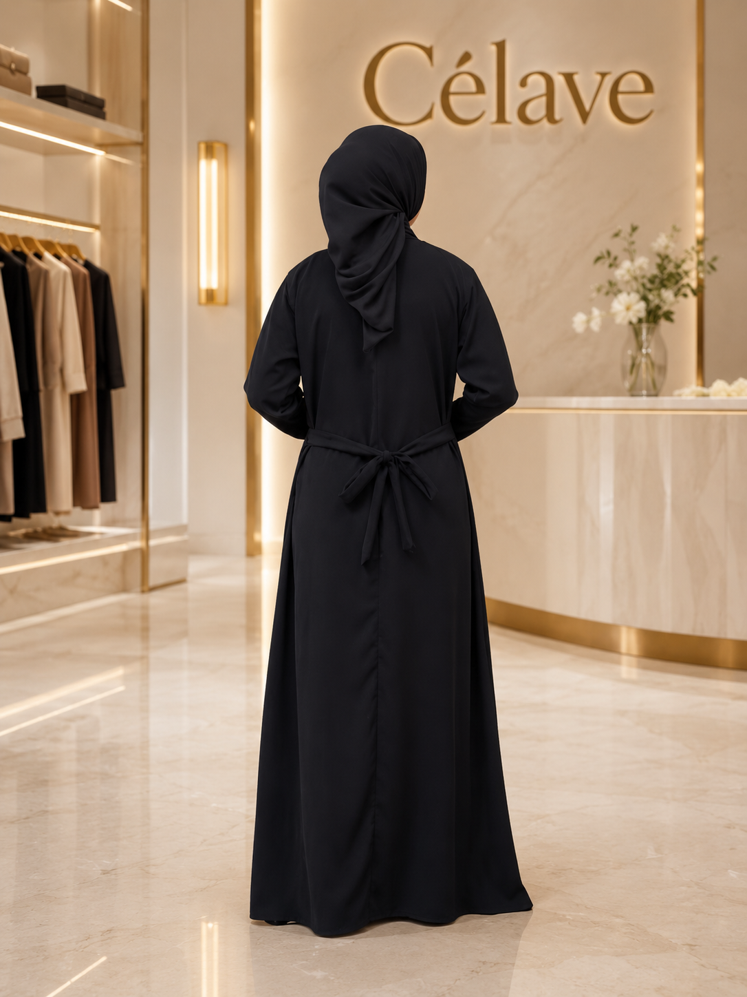 عباية أنيقةمع خطوط بيج متباينة، فستان ماكسي إسلامي بأكمام طويلة وتفاصيل أزرار متعددة الطبقات