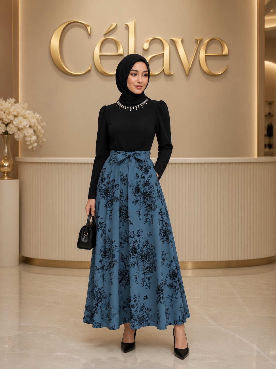فستان نسائي طويل الأكمام مزخرف بالأزهار والخرز الاصطناعي