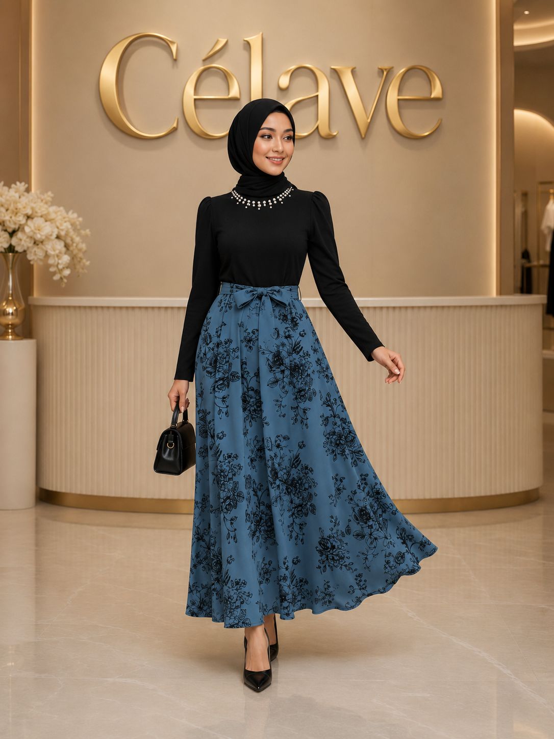 فستان نسائي طويل الأكمام مزخرف بالأزهار والخرز الاصطناعي