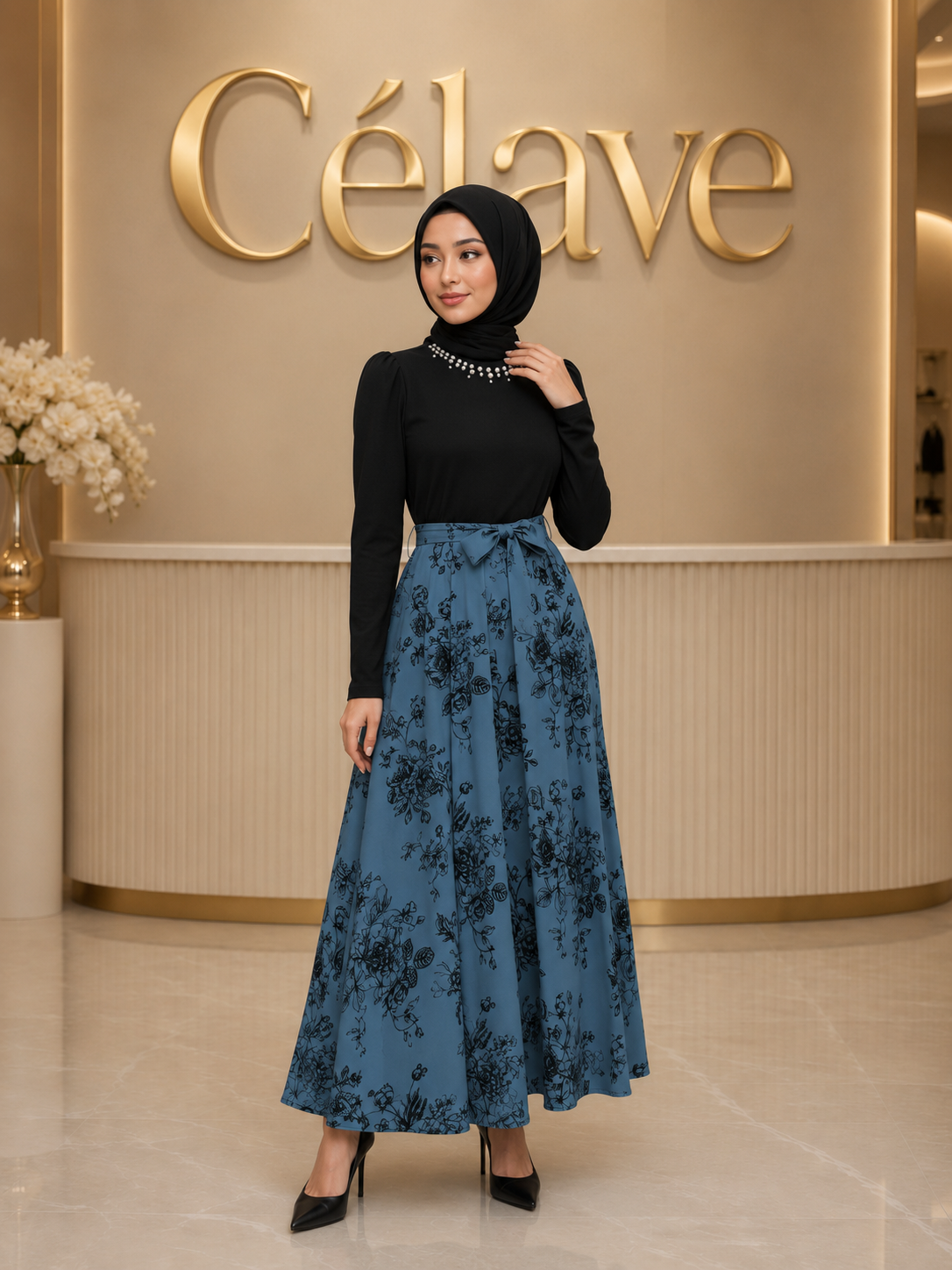 فستان نسائي طويل الأكمام مزخرف بالأزهار والخرز الاصطناعي