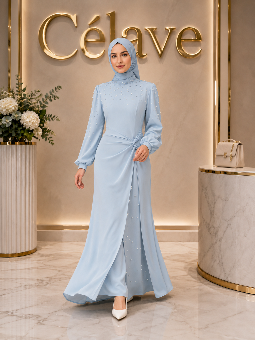 فستان حفلة أنيق للنساء، أزرق، تصميم مزين باللؤلؤ، خريف/شتاء