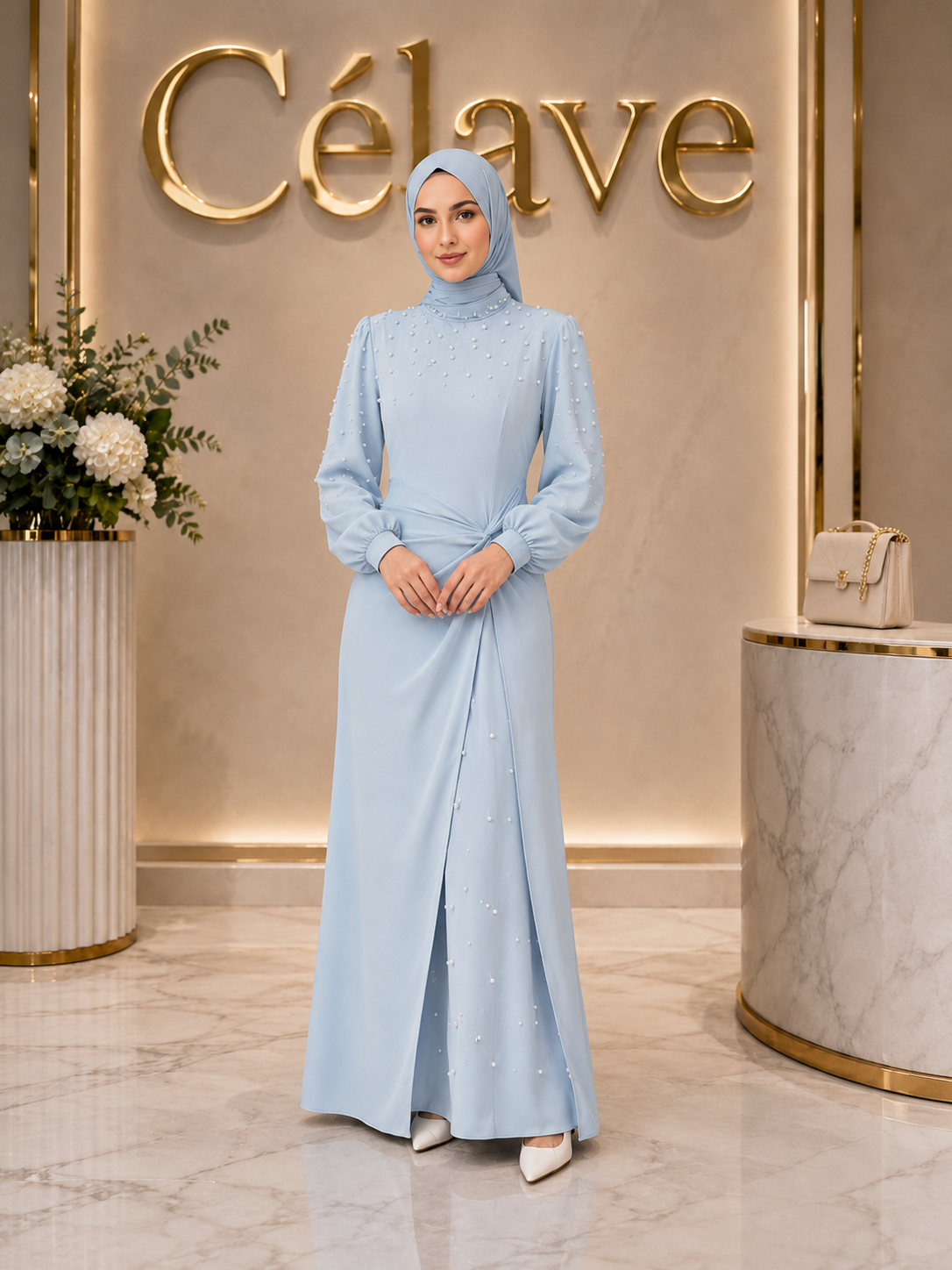 فستان حفلة أنيق للنساء، أزرق، تصميم مزين باللؤلؤ، خريف/شتاء