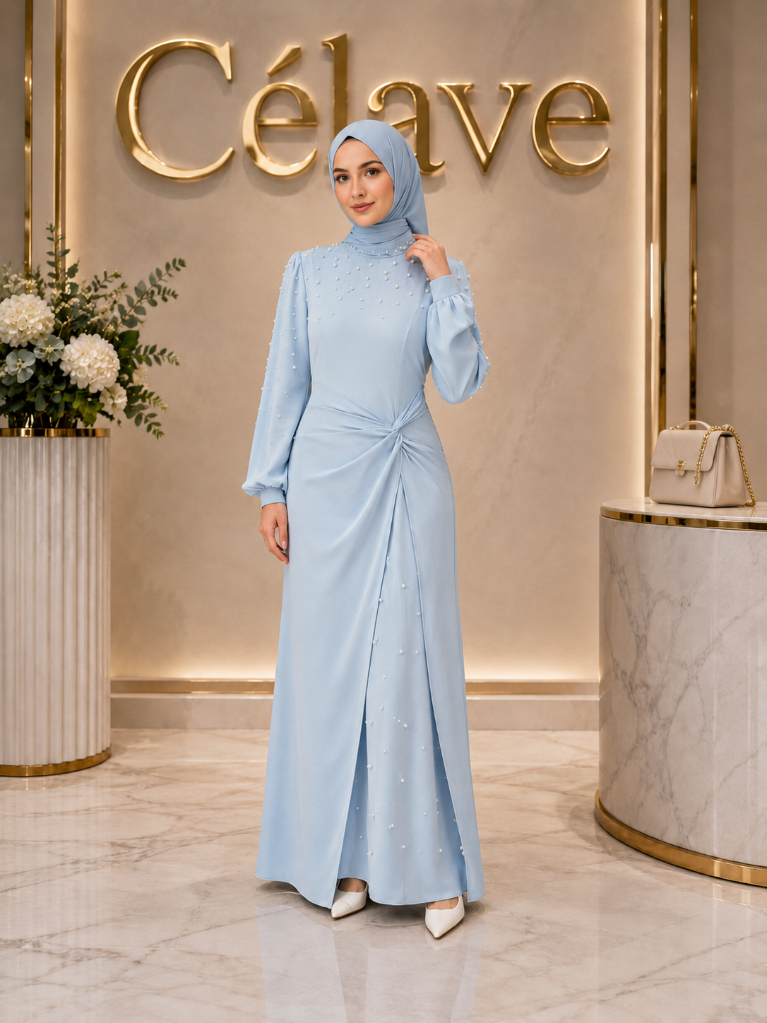 فستان حفلة أنيق للنساء، أزرق، تصميم مزين باللؤلؤ، خريف/شتاء