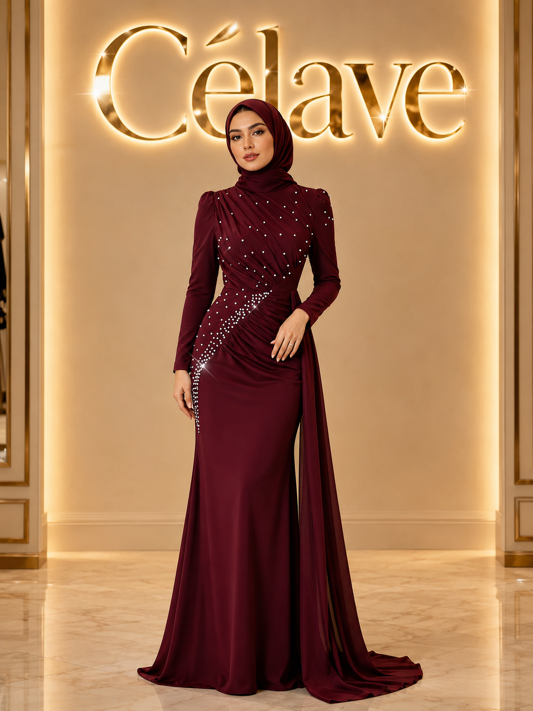 فستان سهرة رسمي أنيق للخريف والشتاء، ذو رقبة عالية وأكمام طويلة