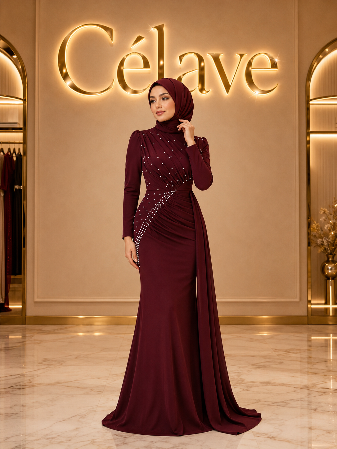 فستان سهرة رسمي أنيق للخريف والشتاء، ذو رقبة عالية وأكمام طويلة