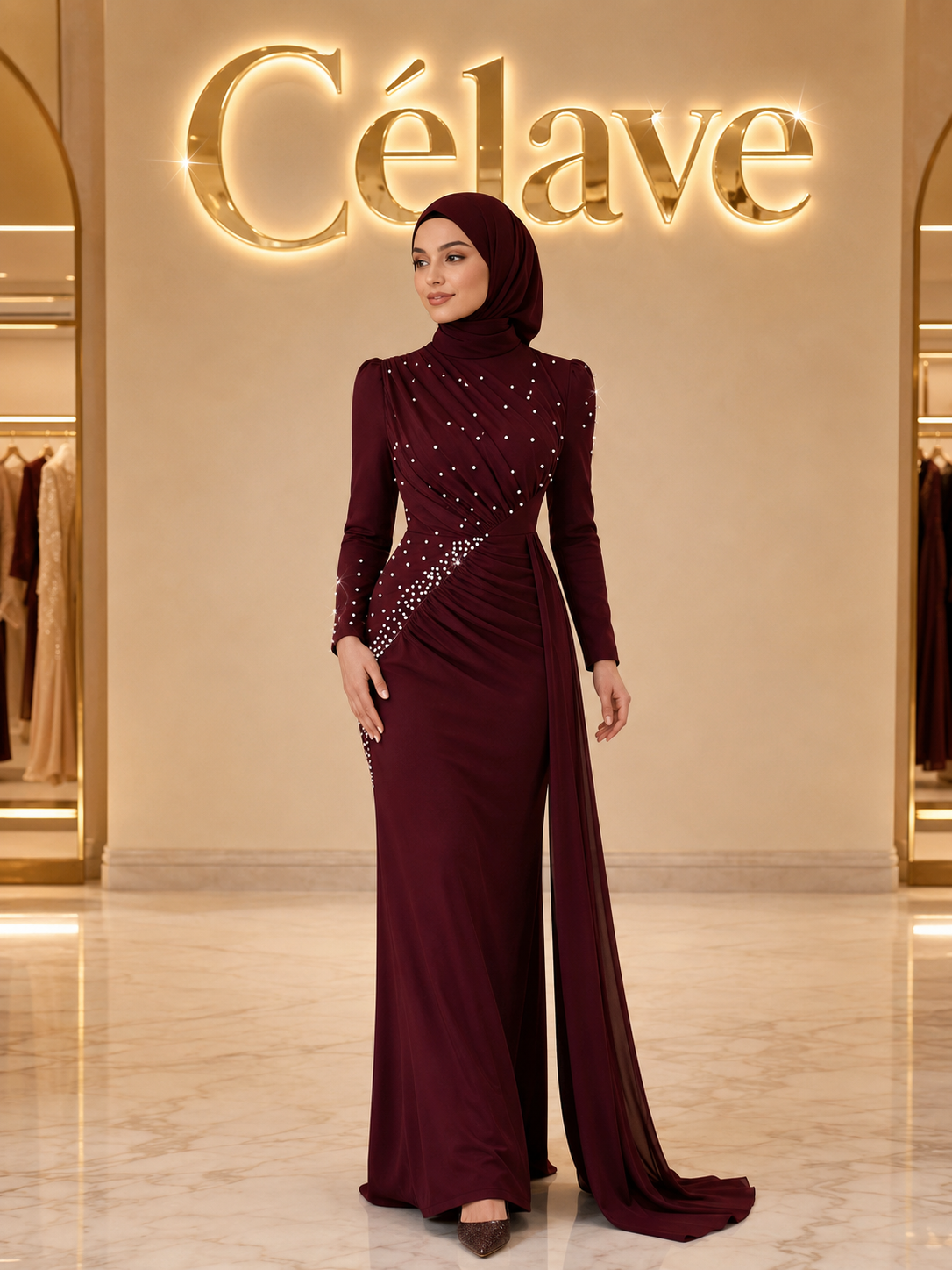 فستان سهرة رسمي أنيق للخريف والشتاء، ذو رقبة عالية وأكمام طويلة