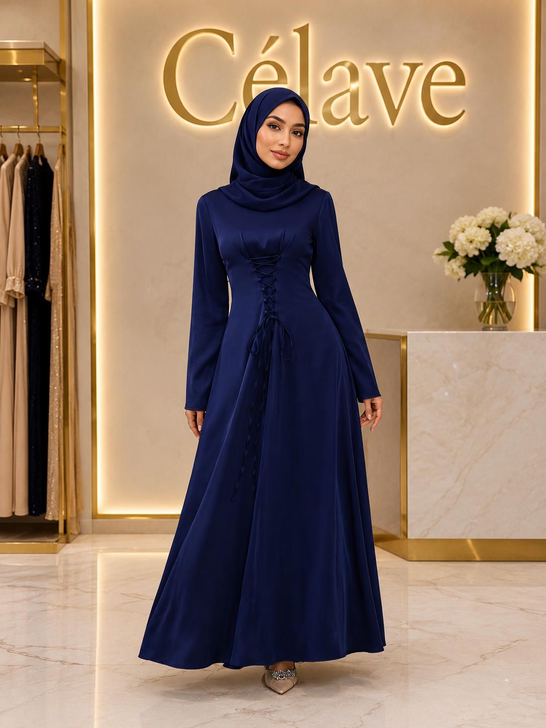 فستان عربي أنيق بتصميم ربطة الخصر، أكمام طويلة وياقة واقفة، لون أحادي