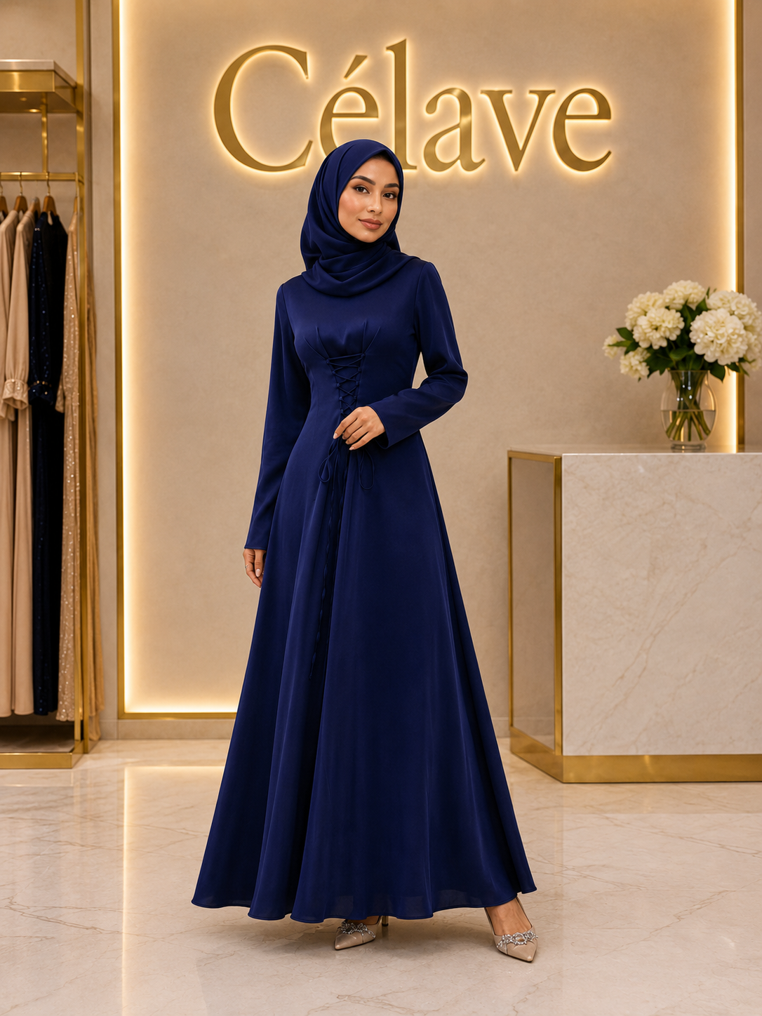 فستان عربي أنيق بتصميم ربطة الخصر، أكمام طويلة وياقة واقفة، لون أحادي