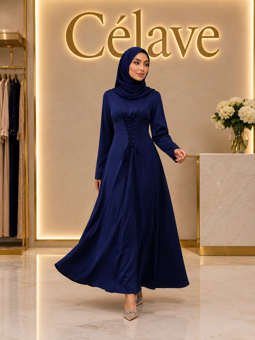 فستان عربي أنيق بتصميم ربطة الخصر، أكمام طويلة وياقة واقفة، لون أحادي