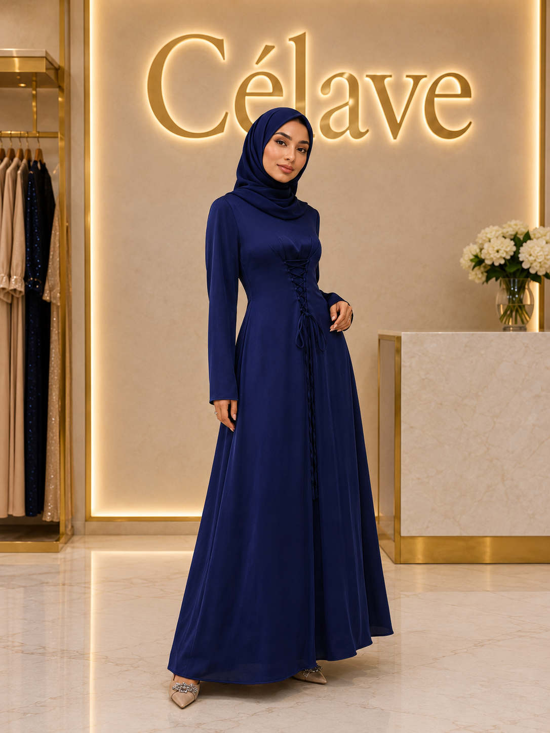 فستان عربي أنيق بتصميم ربطة الخصر، أكمام طويلة وياقة واقفة، لون أحادي