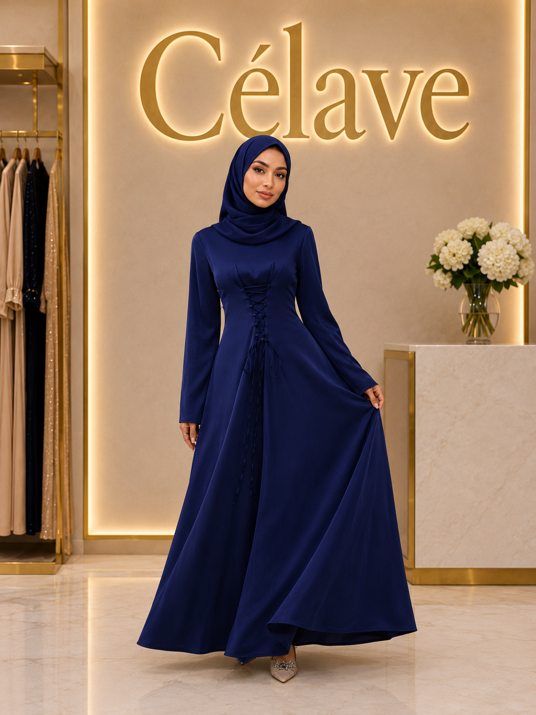 فستان عربي أنيق بتصميم ربطة الخصر، أكمام طويلة وياقة واقفة، لون أحادي