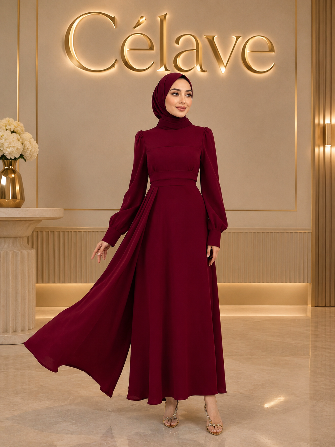 فستان عربي أنيق بأكمام فانوس وياقة واقفة بلون أحادي للنساء
