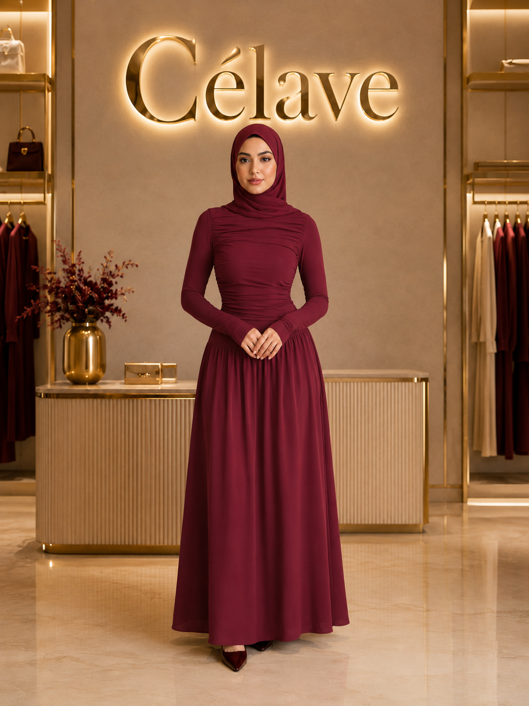 فستان ماكسي طويل بأكمام طويلة وخصر متموج من الحرير الحليبي المحبوك مع كتف مكشوف وطيات أمامية