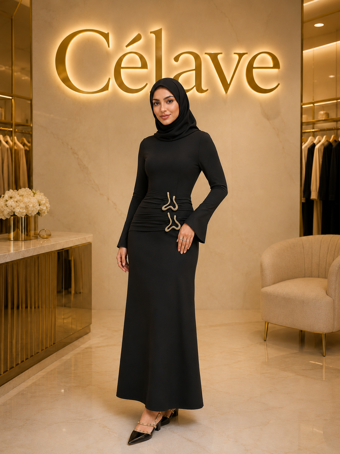 فستان أنيق متعدد الاستخدامات للحياة اليومية، مزين بأكمام مطوية معدنية