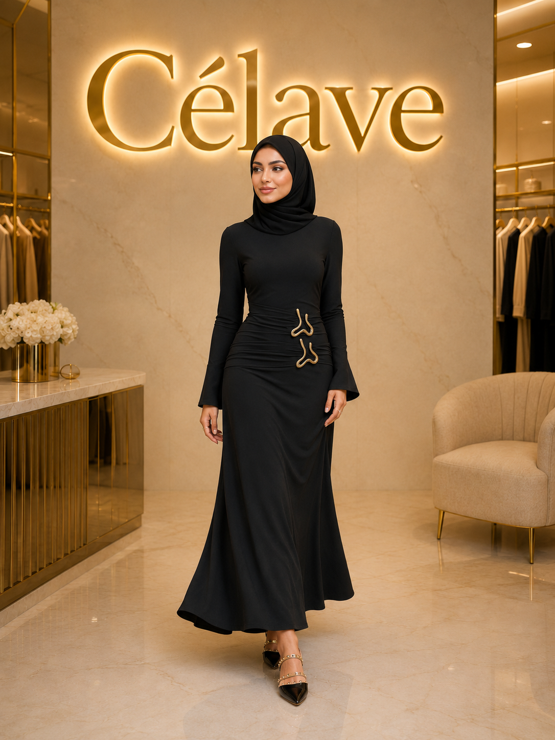 فستان أنيق متعدد الاستخدامات للحياة اليومية، مزين بأكمام مطوية معدنية