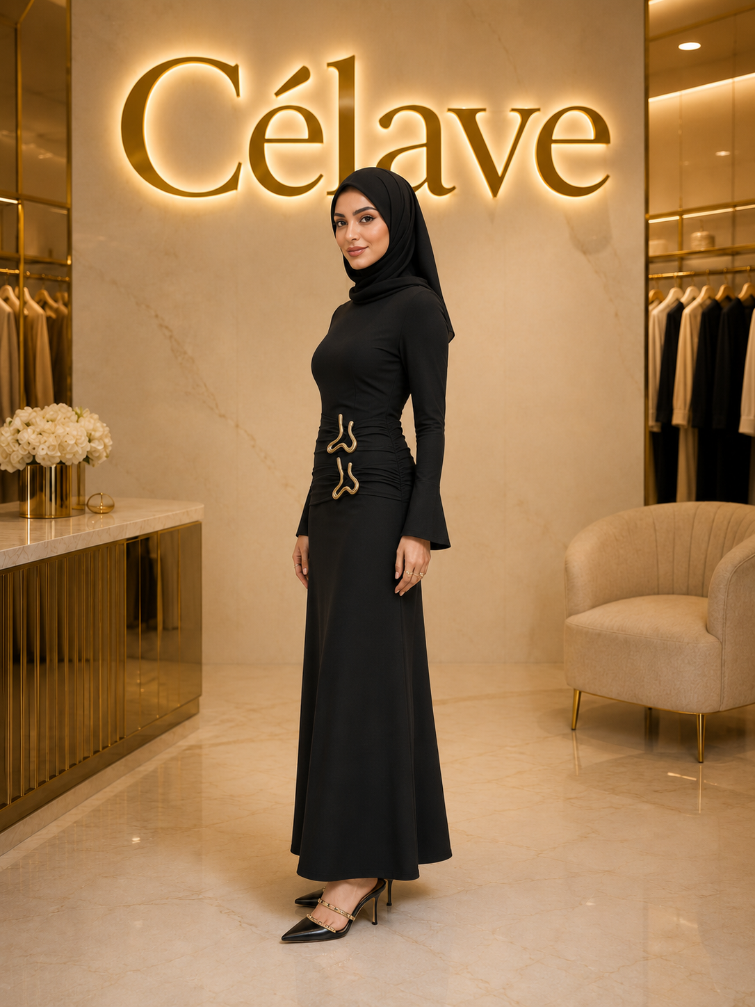 فستان أنيق متعدد الاستخدامات للحياة اليومية، مزين بأكمام مطوية معدنية