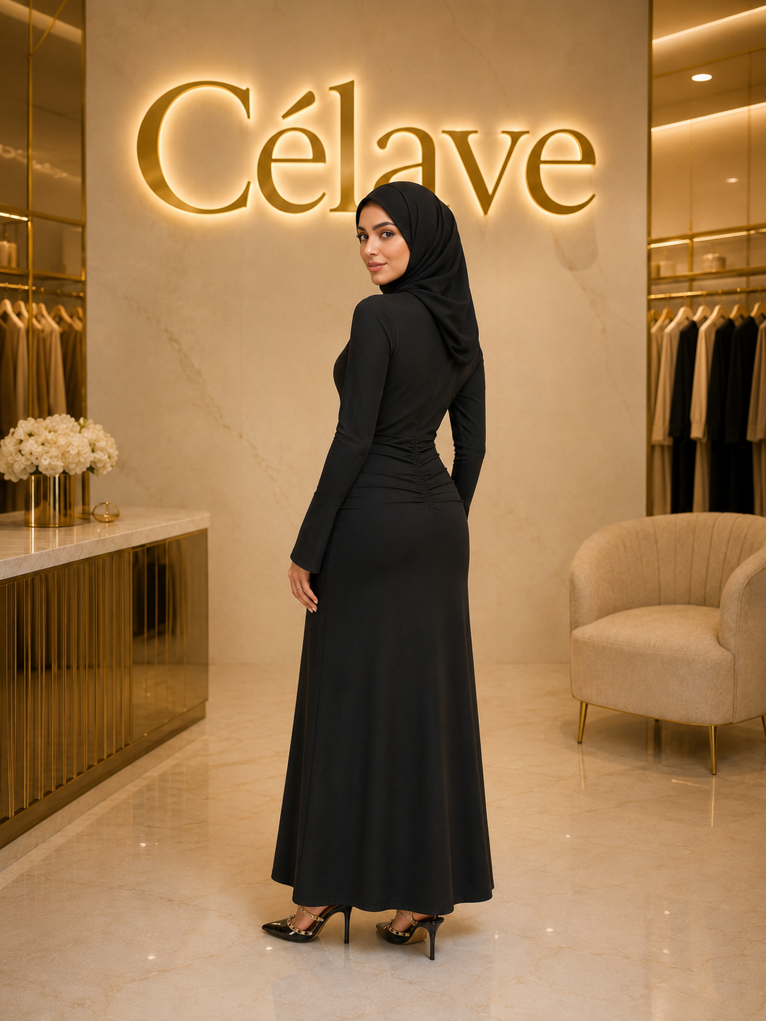 فستان أنيق متعدد الاستخدامات للحياة اليومية، مزين بأكمام مطوية معدنية