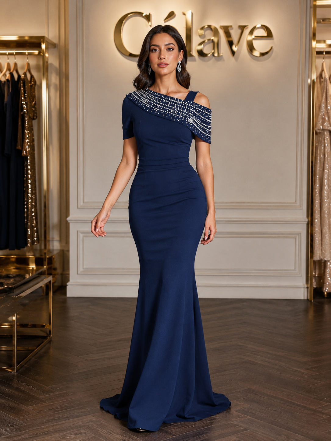 فستان سهرة رسمي مزين بالخرز الاصطناعي والراين ذو تصميم غير متماثل مطوي مناسب للجسم وذيل سمكة