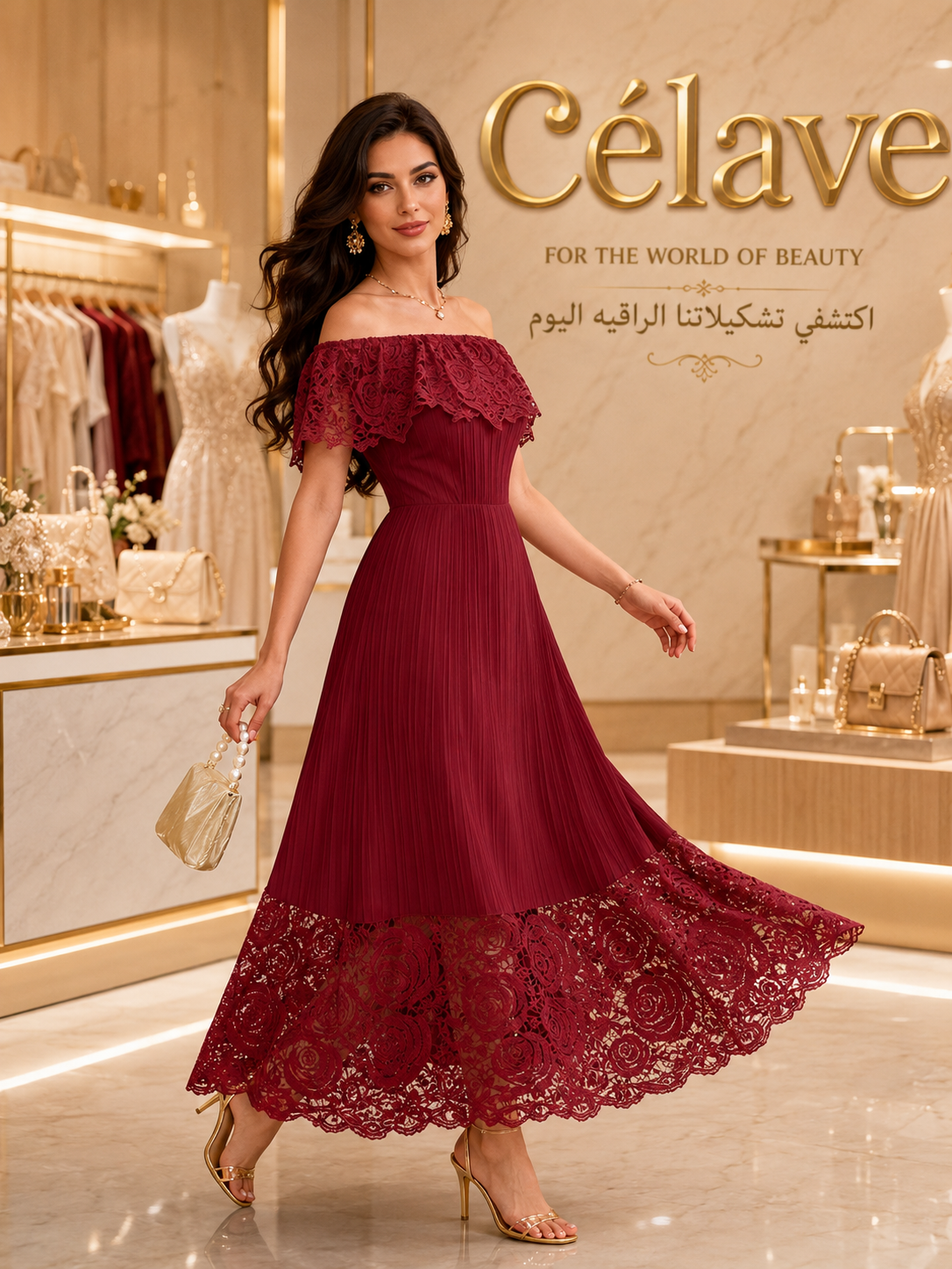 فستان أنيق متوسط الطول بتطريز وتصميم مفتوح الكتف