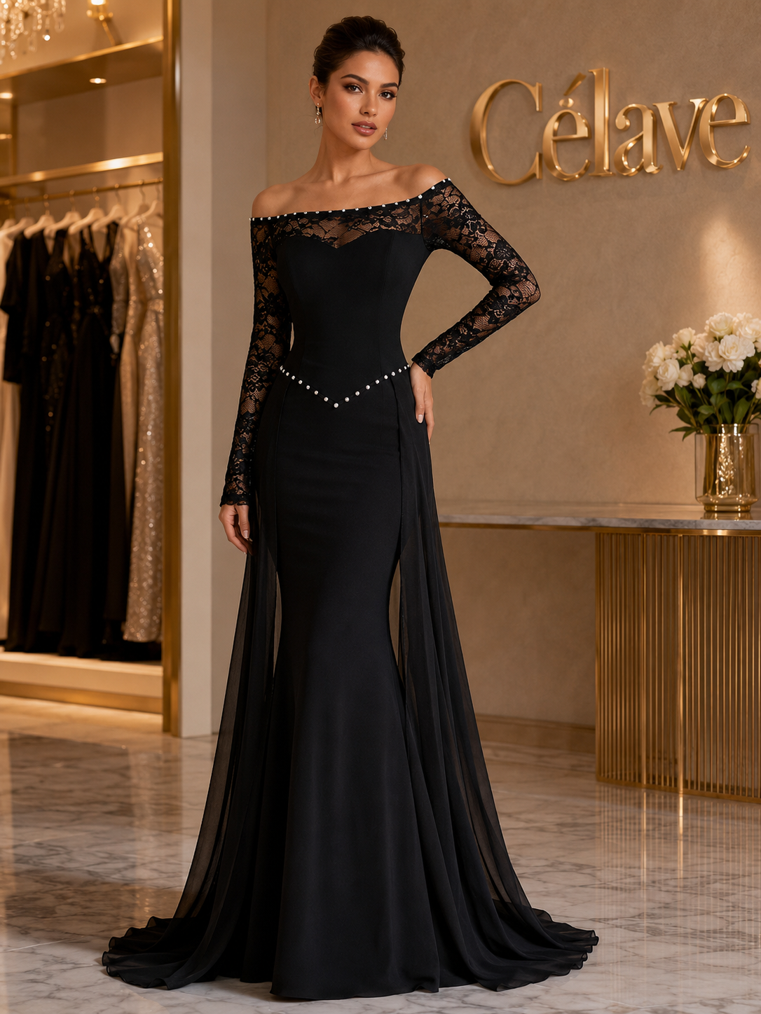 فستان ماكسي أنيق وجذاب بأكمام طويلة من الدانتيل بتصميم كتف مكشوف
