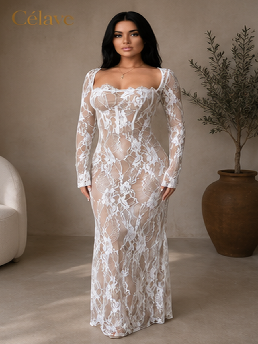 فستان فاسيلوكس النسائي الجذاب ذو الأكمام الطويلة والقصة الضيقة والمزين بالدانتيل، مناسب لفصلي الخريف والشتاء، مثالي للحفلات، والمواعيد الرومانسية، والمناسبات المسائية، وحفلات الزفاف.
